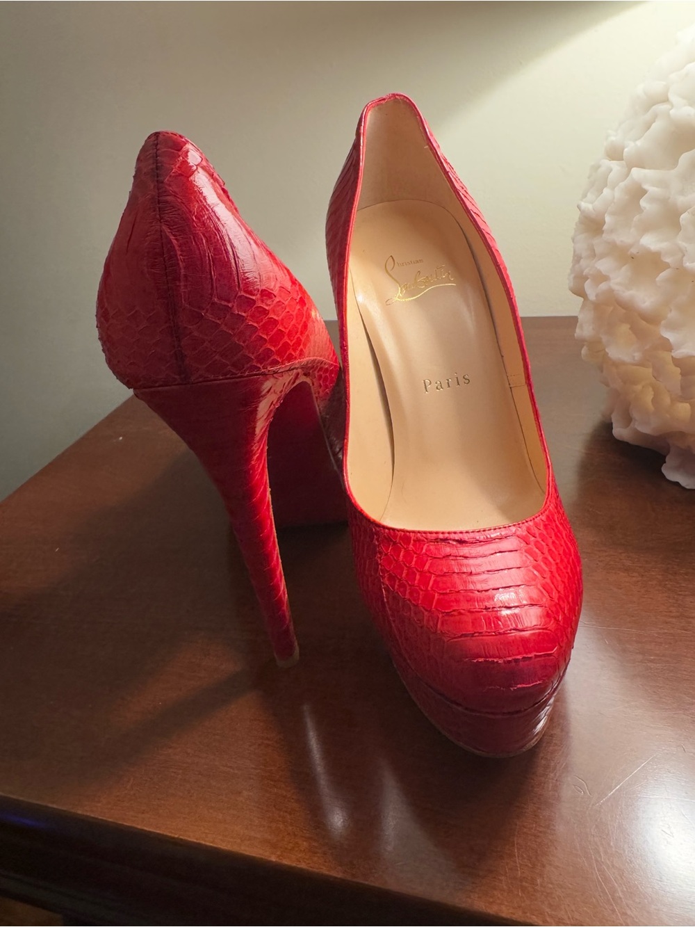 Christian Louboutin Red Python-Embossed Platform Stiletto Pumps